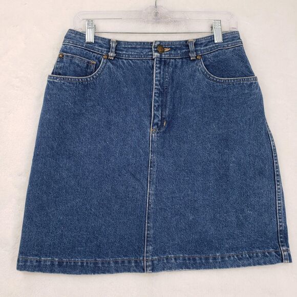VINTAGE Lizwear Skirt Womens 12 Blue Denim A-Line Zip Fly YKK 100% Cotton 90s - Picture 1 of 11